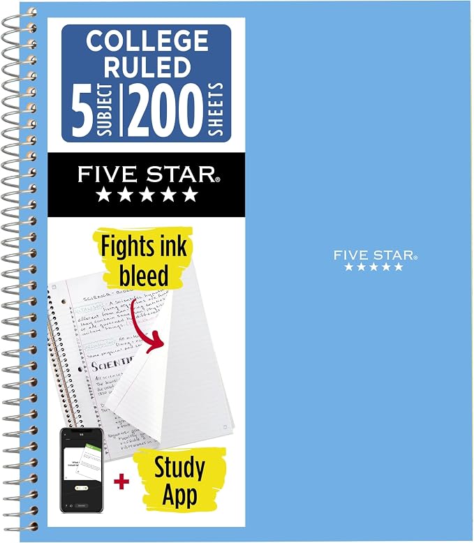 Five Star Spiral Notebook + Study App, 5 Subject, College Ruled Paper, 8-1/2" x 11", 200 Sheets, Fights Ink Bleed, Water Resistant Cover, Pacific Blue (73635) 1 Count (Pack of 6)