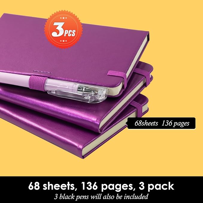 NIRMIRO (3 Pack) Pocket Journal Notebook, Small Mini Notepad with Pens for Work, hardcover A6 Notebook 3.7" x 5.7" College Ruled with 100Gsm Premium Lined Paper, Pearlescent Purple