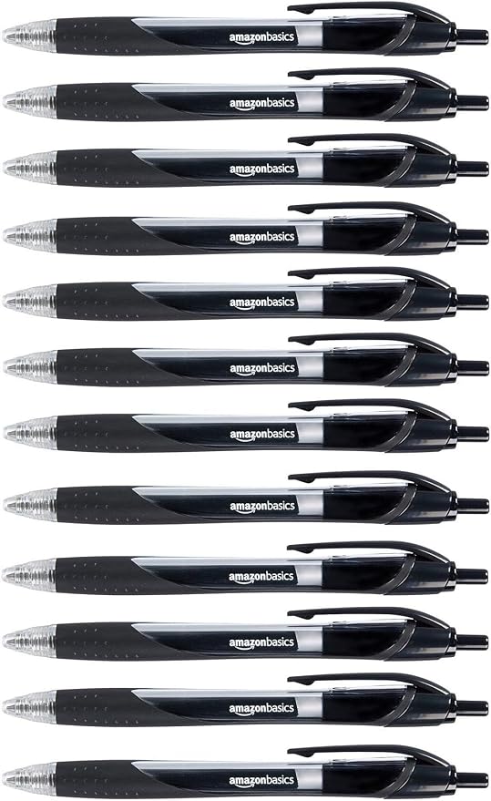 Amazon Basics Retractable Gel Ink Pens for Note-Taking and Office Writing, Fine Point 0.7mm, Smooth Writing, Black, 12-Pack