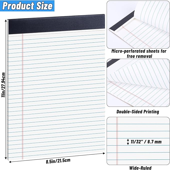 Oleitodh 48 Pack Legal Pads 8.5 x 11 White Wide Ruled Writing Pads Bulk | 30 Sheets Each, Thick Paper, Easy Tear Pages, Smooth Writing, Office, School, Home, Work, Daily Notes