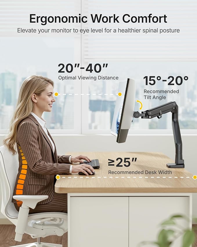 monTEK Heavy Duty Monitor Arm, 17-57" Ultrawide, Gas Spring, 59.4 lbs，Black | Desk Monitor Mount Holds 49" 57" Ultrawide Curved Screen Up to 59.4 lbs with No Sag,Clamp & Grommet Arm,75/100 VESA