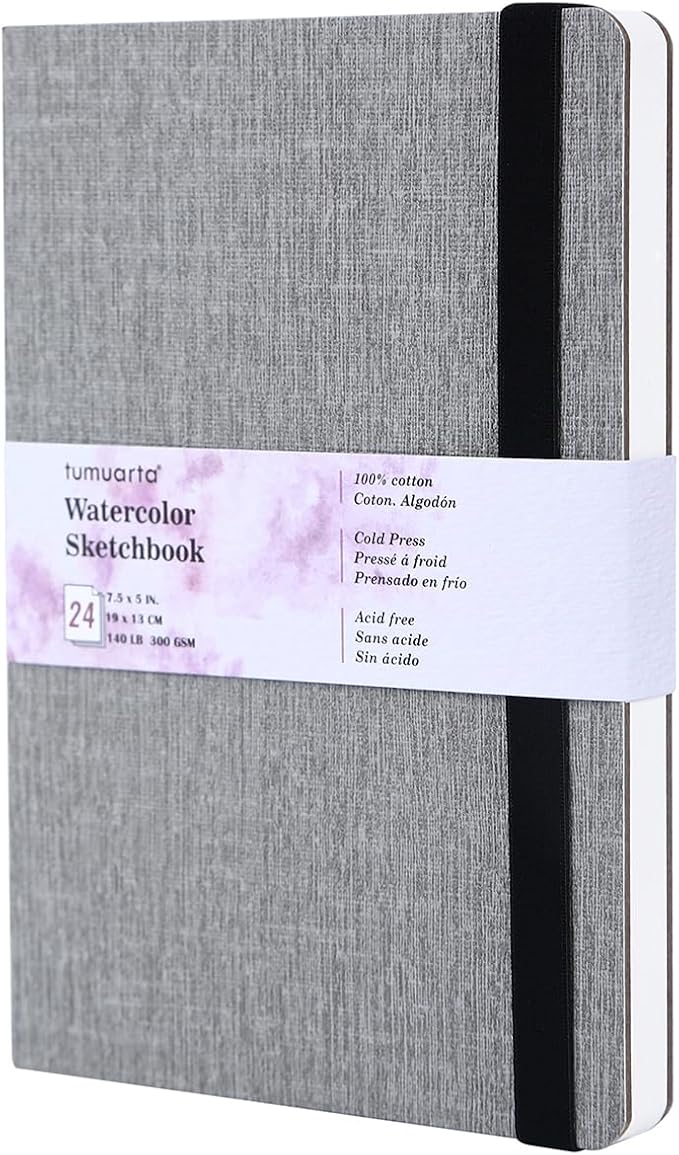 tumuarta Portrait Watercolor Sketchbook, 7.5x5, 140 LB, 300GSM | 100% Cotton Paper, Cold Press, 24 Sheets,48 Pages, Watercolor Journal For Use As Sketch book and Mixed Media Pad On The Go