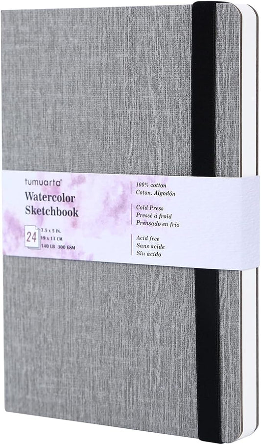tumuarta Portrait Watercolor Sketchbook, 7.5x5, 140 LB, 300GSM | 100% Cotton Paper, Cold Press, 24 Sheets,48 Pages, Watercolor Journal For Use As Sketch book and Mixed Media Pad On The Go