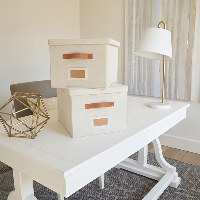 Decorative File Organizer Box Set of 2 - Collapsible Linen Filing Cabinets | Stores documents and hanging file folders - portable office crates with lid and handles for easy slide access
