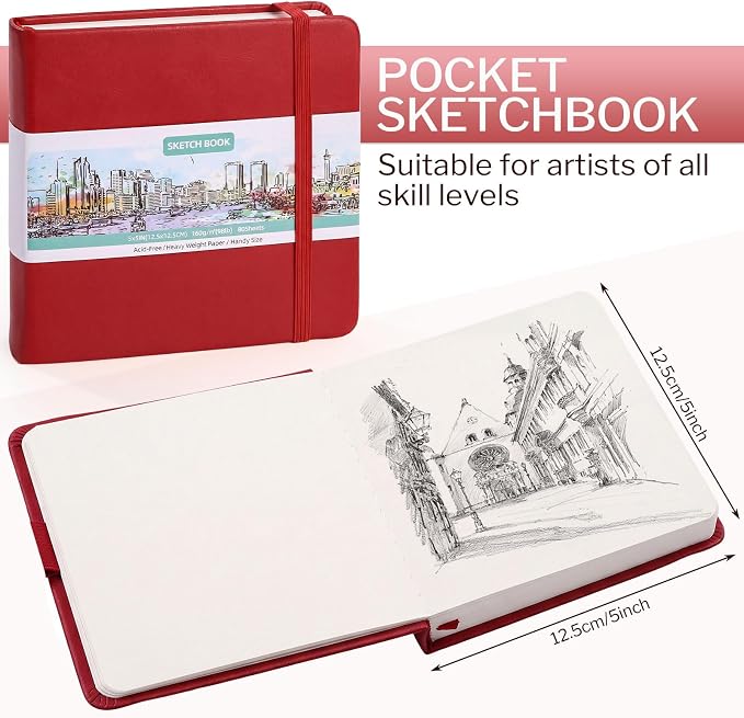 Prudiut Hardcover Pocket Sketchbook, 5" x 5" Square Mini Sketchbook, 98lb/160gsm Heavyweight Tiny Sketch Book, 80 Sheets Small Travel Drawing Journal for Adults, Artist, Ideal for Gift (Red)