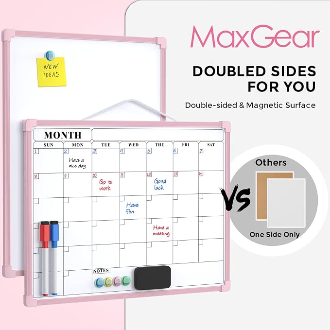 MaxGear Monthly Calendar Dry Erase Board for Wall, 16"x12", Pink Frame | Double-Sided, Hanging Small White Board, Portable Whiteboard for Planning, Drawing, Memo, to Do List, Home, Kitchen, Office