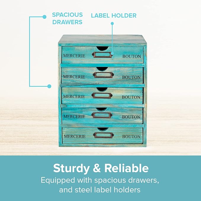 5-piece Full Matching Set Turquoise Wooden Cabinets,European Country Style Desk Organizer Boxes,Multi-level Teal Wooden Stackable Drawers,Countertop Organizer Drawers w/ Label Holder,Desktop Chests