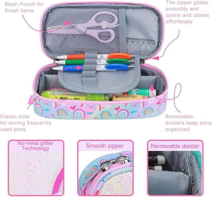 RHCPFOVR Kids Pencil Case for Girls-Soft Zipper Large Capacity Pencil Pouch for Girls Pencil Case for School Pencil Bag for Toddler (Pink-Rainbow)