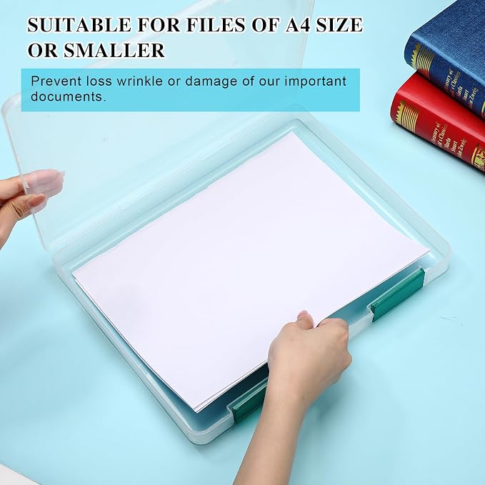 PerKoop 6 Pcs Clear Paper Storage Box,12.4 x 9.84 x 1.18 Inches,Dark Green | A4 Plastic File Box Document Paper Organizer Storage Board Game Project Cases Containers with Buckle for Craft, Magazine