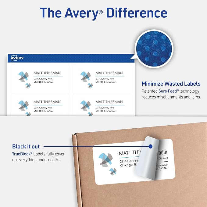 Avery Printable Shipping Labels with Sure Feed, 2" x 4" Customizable Stickers, White, 100 Blank Mailing Labels, Great for Mailing, Shipping, and More (18163)