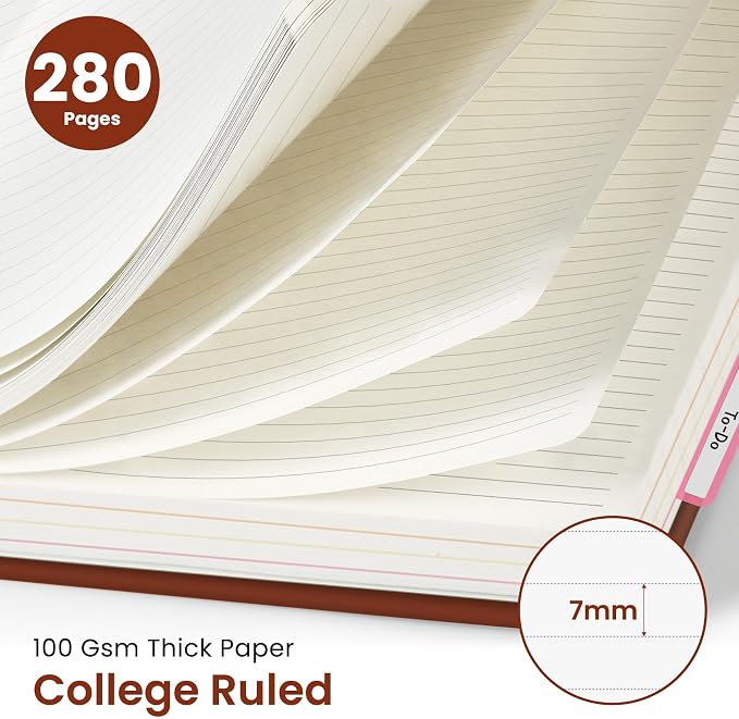 Hardcover Spiral Journal Notebooks for Work With Removable Dividers & Tabs, 8.5"x11" 5 Subject Notebook for Note Taking & Organizer, A4 College Ruled Lined Journal for Women & Writing, Rust Brown, 280 Pages