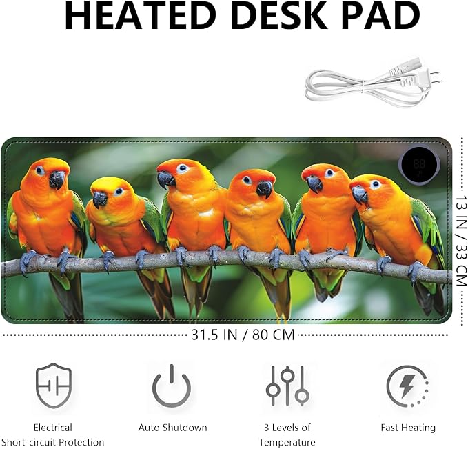 Heated Mouse Pad with 3 Levels Heated & 3 Hours Auto Shut-Off Mouse Pad for Warming Hands in Office Home, 31.5" x 13"Large Safe Desk Mat Hand Warmer，Parrots Meeting
