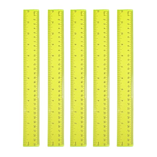 5 Pieces Transparent Yellow Plastic Ruler, 12 inch (30cm) Ruler, Pack of 5, Clear Ruler, Plastic Ruler, Rulers for Kids, Measuring Tools, Ruler Set, Ruler inches and Centimeters (Yellow)