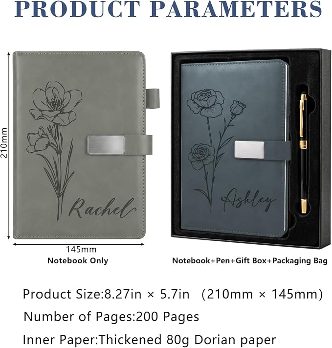 Personalized Journal Notebook with Name and Birth Flower, Custom Text Leather Notebooks, 3D Engrave Hardcover Executive Notebooks for Work, Personalized Birthday Gifts for Women, Mom, Wife, Friends, Sisters