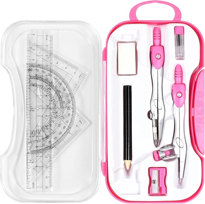 Unjoo Geometry Set 10 Pcs Student Supplies, Protractor and Compass (Pink） | Shatterproof Storage Box,Rulers,Protractor,Compass,Eraser,Pencil Sharpener,Lead Refills,Pencil,for Classroom, Back to School