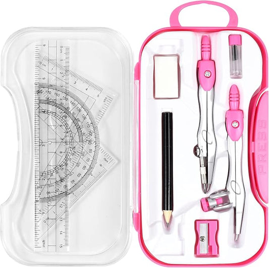 Unjoo Geometry Set 10 Pcs Student Supplies, Protractor and Compass (Pink） | Shatterproof Storage Box,Rulers,Protractor,Compass,Eraser,Pencil Sharpener,Lead Refills,Pencil,for Classroom, Back to School