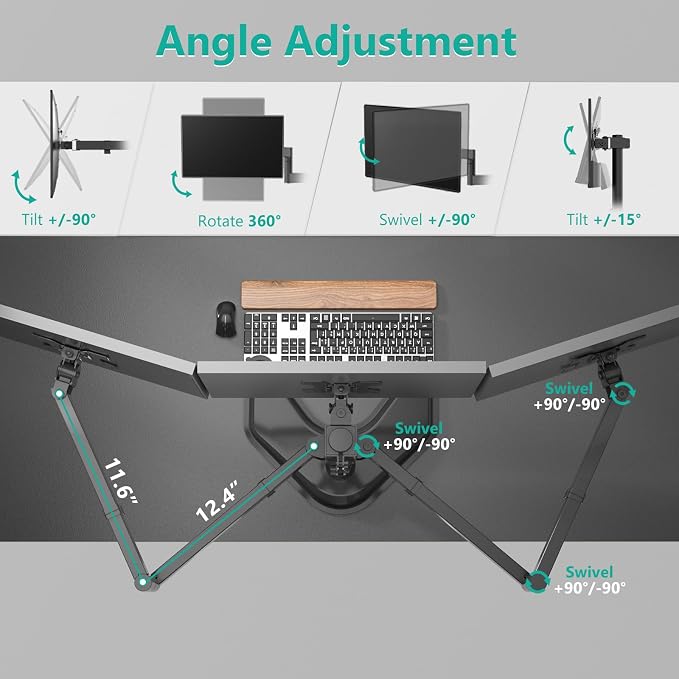 WALI Triple Monitor Stand, Free Standing Three LCD Monitor Fully Adjustable Desk Mount Fits 3 Screens up to 27 inch, 22 lbs Weight Capacity per Arm (MF003), Black
