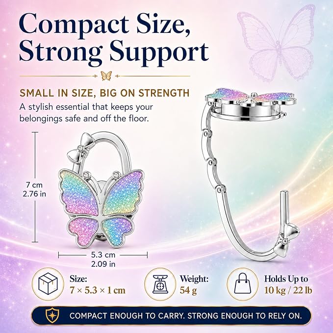 Purse Hook for Table, Foldable Handbag Hanger for Women, Portable Bag Holder with Non-Slip Base, Cute Matte Colorful Glitter Butterfly Purse Table Hook for Restaurant Office Travel Gift