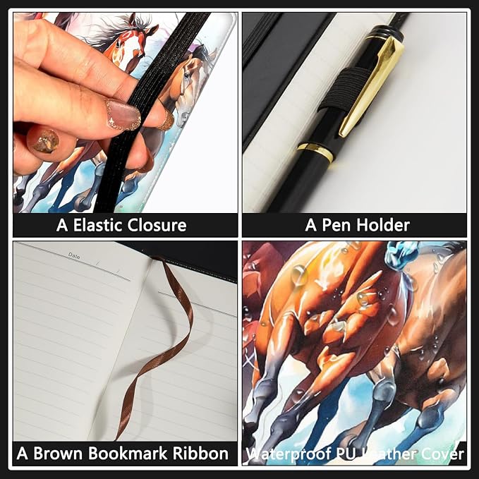 A5 Leather Lined Journal Notebook, 200 Pages Hardcover Executive Notebook for Men Women Office School Note Taking, Thick Writing Paper Daily Journal with Bookmarks/Indexes, Watercolor Horse