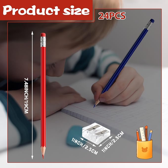 24 PCS Red and Dark Blue Pencils with Eraser, Pre-Sharpened HB Pencils for Writing & Drawing, School Supplies for Kids Homework, Tests, Art Crafts & Teacher Grading(Red Dark Blue)