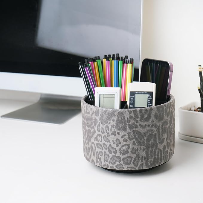 Round Leather Art Supply Organizer,Remote Control Holder,360 Degree Rotating,Multi-Functional Pencil Holder,4 Compartments Desktop Stationary Organizer(1-Leopard Grey)