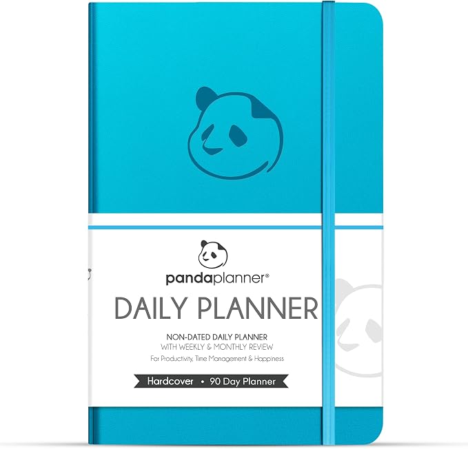 Panda Planner Classic A5 Undated Daily Planner 2026, 8.25 x 5.75 Cyan Blue | Hourly schedule, to do list, habit tracker, gratitude journal, quarterly layout, 100 GSM paper