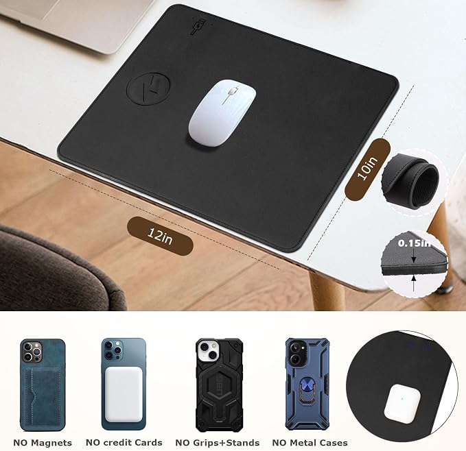 Wireless Charging Mouse Pad Firelison 2 in 1 Leather Multifunctional Office Desk Pad with Non-Slip Rubber Base, Waterproof Desk pad for Computers/Office/Work/Home/Decor（ 12" x 10"Black - L）