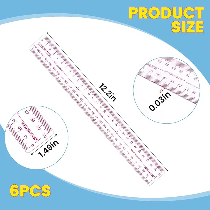 6 Pack 12 Inch Clear Plastic Metric Rulers with Centimeter Millimeter 3 Scales Straight Ruler for Classroom Measuring Tools for School Designer Architect and Engineer Back to School Supplies