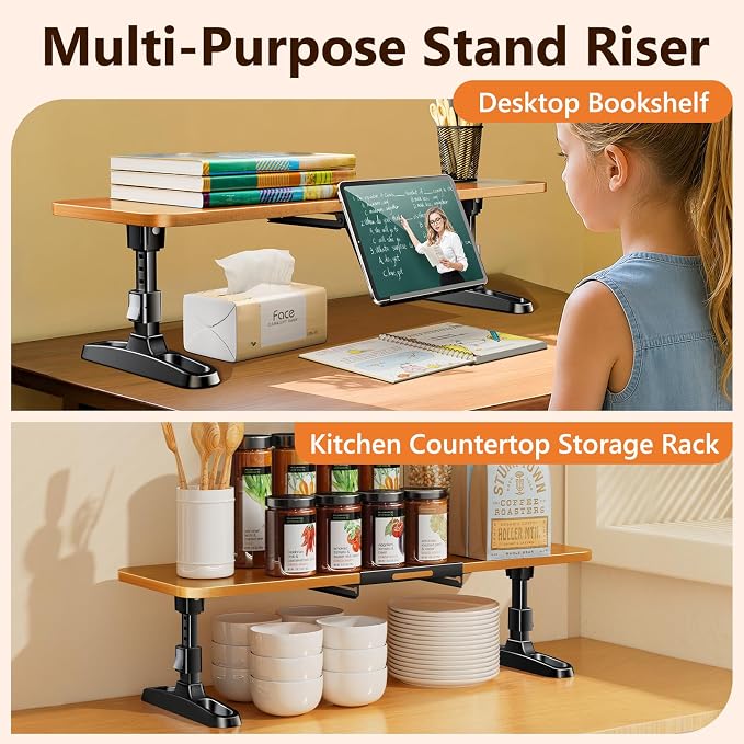 Ergonomic Wooden Monitor Stand Riser with Height Adjustable Button | One Touch Height Adjustable, Hidden Phone/Tablet Holder, Keyboard Storage Organizer, for Home Office Desktop