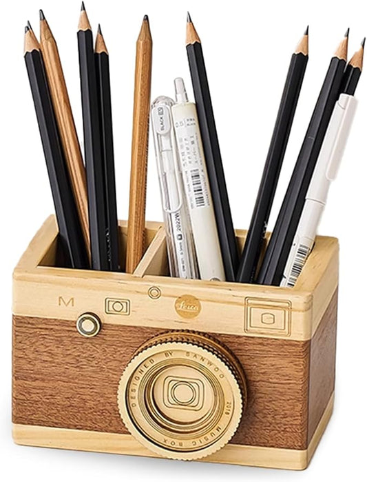 Vintage Wooden Camera Pencil Holder – Retro Desk Organizer for Pens & Stationery, Unique Photography Gift for Photographers, Creative Wooden Pen Holder for Office & Home Decor (Double slot)