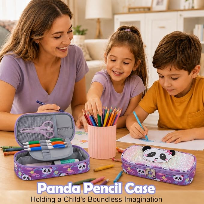 RHCPFOVR Kids Pencil Case for Girls-Soft Zipper Large Capacity Pencil Pouch for Girls Pencil Case for School Pencil Bag for Toddler (Purple-Panda)