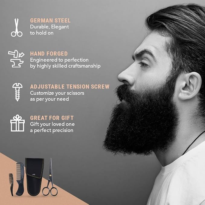 Ontaki 5" Beard & Mustache Scissors for Men with Combs - Black German Steel | Precision Styling Scissors - Complete Beard and Moustache Trimming Kit