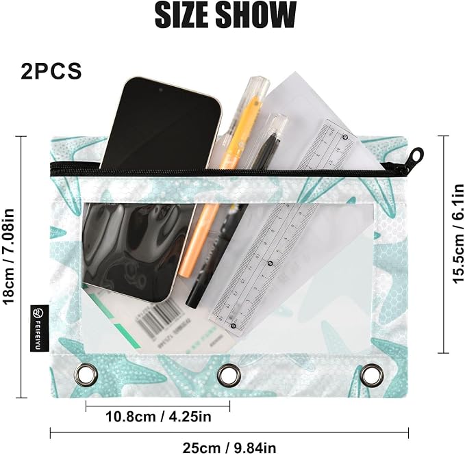 Gredecor Binder Pencil Pouch 3 Ring Starfish Monochrome Zipper Pencil Pouches Case 2 Pack Clear Binder Organizer for School Office