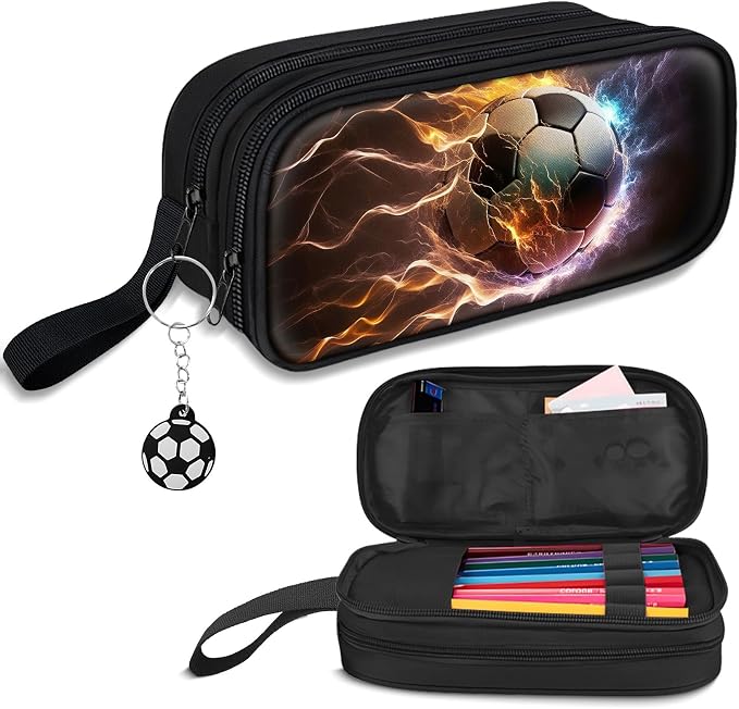 TILYTADLY Large Pencil Case for Boys - Soccer Boys Pencil Pouch with Zipper Compartments - Big Capacity Pen Box Pen Bag Organizer with Keychain for Kids Teens School