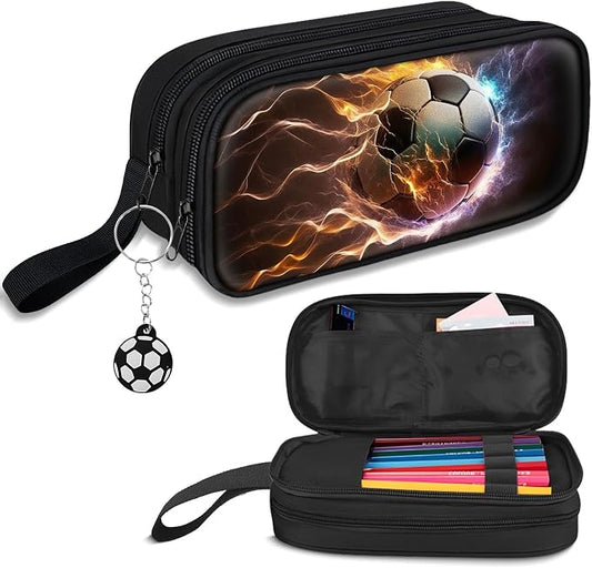 TILYTADLY Large Pencil Case for Boys - Soccer Boys Pencil Pouch with Zipper Compartments - Big Capacity Pen Box Pen Bag Organizer with Keychain for Kids Teens School