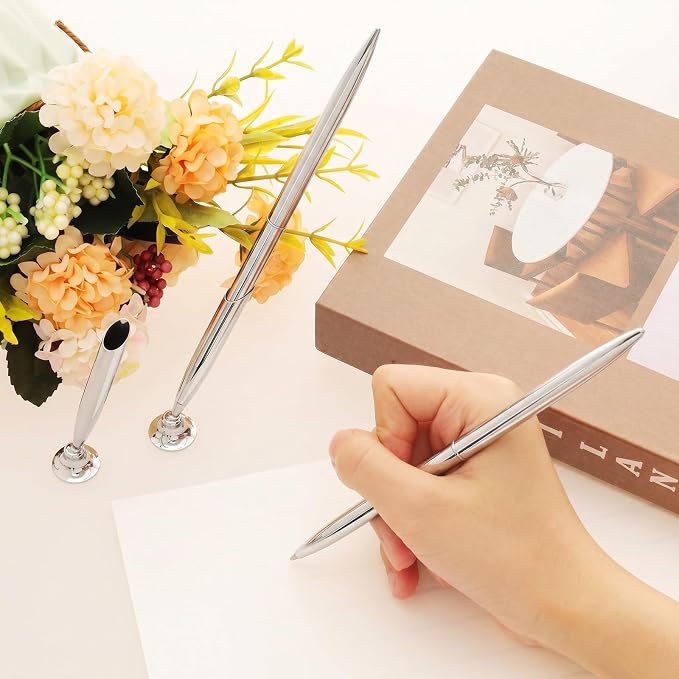 2 Pcs Hollow Round Pen Holder Signing Pen Set for Office Business | Metal Pen Stand Holder Set, Guest Book Wedding Birthday Party Graduation, Signing Desk Ballpoint Pens, Black Ink