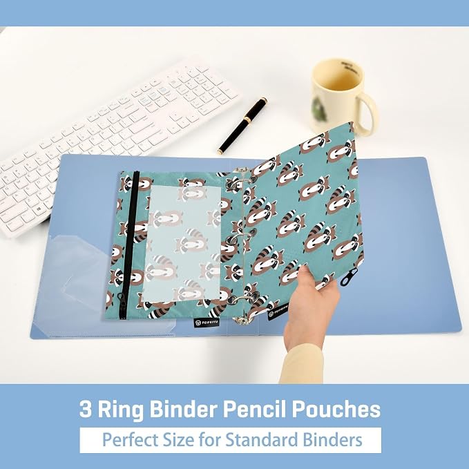 Emelivor Raccoon Teal Pencil Pouch for 3 Ring Binder 2 Pack Binder Pencil Case with Clear Window Pencils Bags with Zipper for Storing College Office Supplies