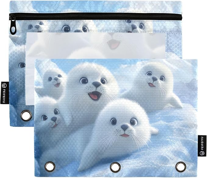 White Seal Lion Nautical Pencil Pouch for 3 Ring Binder, 2 Pack Zipper Pencil Pouches with Clear Window Pencil Bag Case Office School Supplies