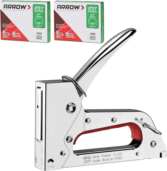 Arrow JT27 Light Duty Staple Gun Kit with 2000 Pieces JT21 3/8" Staples | Thin Wire Manual Stapler for Upholstery, Crafts, Decorating, and Repairs, Lightweight Chromed-Steel Housing