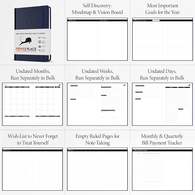 Undated Day Planner & Calendar – 6-Month Life Organizer for Productivity, Time-Management & Focus | 24-Hour Hourly Agenda for Men & Women, Faux Leather Hardcover (Blue)
