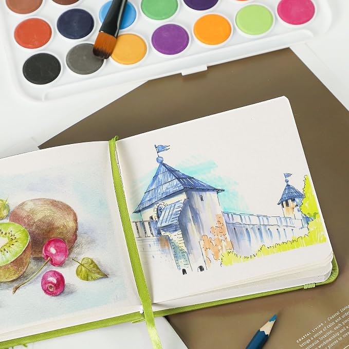 Prudiut 5" x 5" Hardcover Pocket Sketchbook, 80 Sheets, Emerald Green | 160gsm acid-free paper, elastic closure, ribbon bookmark, compact travel size for sketching on the go