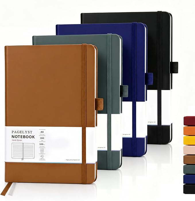 PAGELYST Lined Journal Notebook, 4 Pack Leather Journal for Women Men, 200 Numbered Pages, A5 Medium 5.7'' x 8.3'', 100 GSM Thick Paper for Journaling, Writing, Work & Office (Classic Color Set)