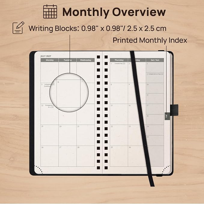 POPRUN 2027 Recycled Pocket Planner (Slim Size 3.5'' x 6.5'') Calendar Book | Weekly and Monthly Planner for Purse with Hourly Time Slots, Italian Regenrated Leather, Spiral Soft Cover - Black Grey