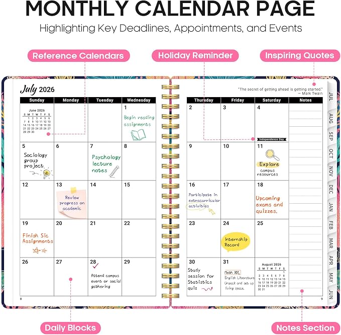 Planner 2026-2027, Academic Year Monthly and Weekly Calendar Planner, Jul 2026 - Jun 2027, Hardcover Teacher Student Planning Agenda book with Tabs, Perfect for School Office Supplies, 6.3" x 8.5" - Coral Reef