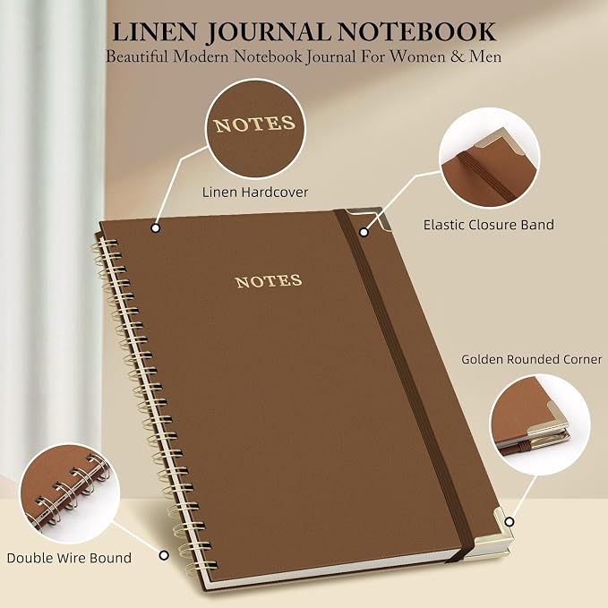 ALKALO A4 Large Spiral Notebook Journal, (8.5×11'') 100 Pages Linen Hardcover College Ruled Journaling For Work & Note Taking Thick Spiral Journal For Writing Daily Journal For Women & Men-Brown