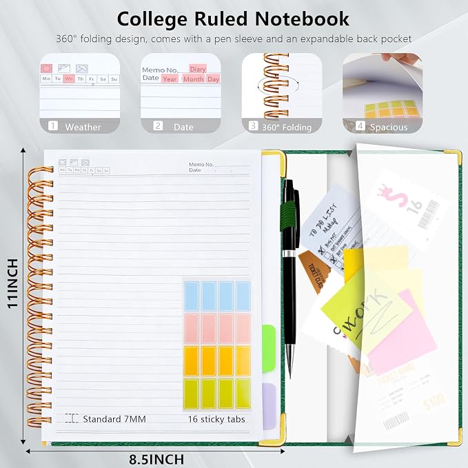 Hardcover Spiral Notebook College Ruled, 8.5"x11" Leather Journal Notebook with Magnetic Closure, 300 Pages 5 Subject Notebook with Dividers Tabs Journal for Women Men, Work, School(Green)