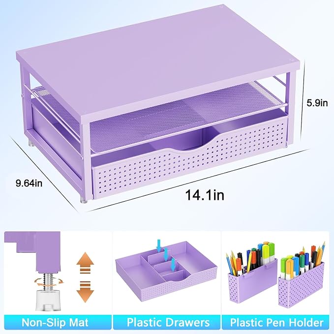 gianotter Desk Organizers and Accessories, Monitor Stand with Drawer and 2 Pen Holder, Desktop Organizer Suitable for Offices and Dormitories (Purple-Plain)
