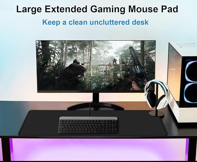Mouse Pad Gaming, Extra Large Mousepad with Stitched Edges, Premium Microfiber Cloth Surface, Waterproof Non-Slip Base Keyboard Big Desk Mat for Home Office Gaming, 31.5 x 11.8 in, Black