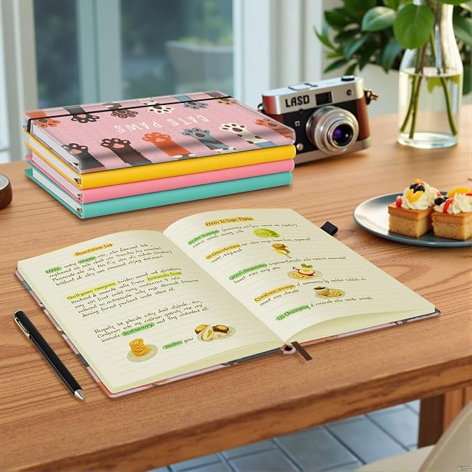 Hardcover Executive Notebooks, A5 PU Leather Lined Journal Notebook, 200 Pages Thick Paper Subject Notebooks for School,Work,Home Writing Business Notebook, Diary Book ，Cats Paws