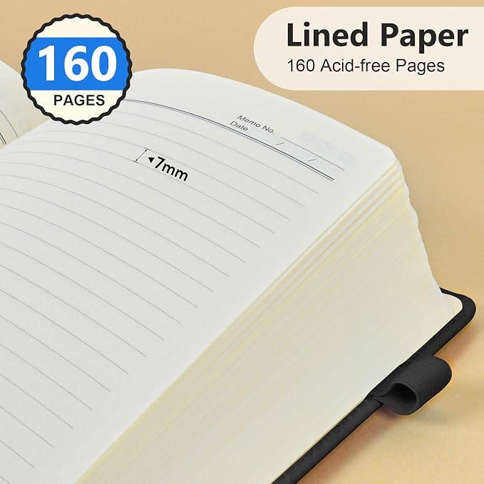 PERCUN A5 Leather Notebook Journal, 160 Lined Pages, 5.9" x 8.5" Black | Leather Journal for Men Women, Hardcover Notebooks for work, school, business, travel diary, Note taking & Daily Journaling